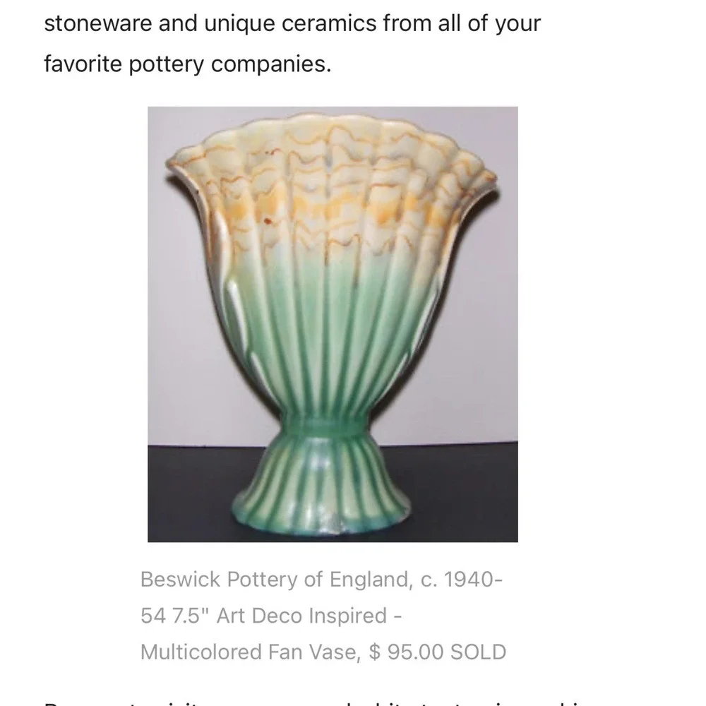Rare VTG Beswick Pottery of England Art Deco Ribbed Fan Vase Scalloped 1940-'54